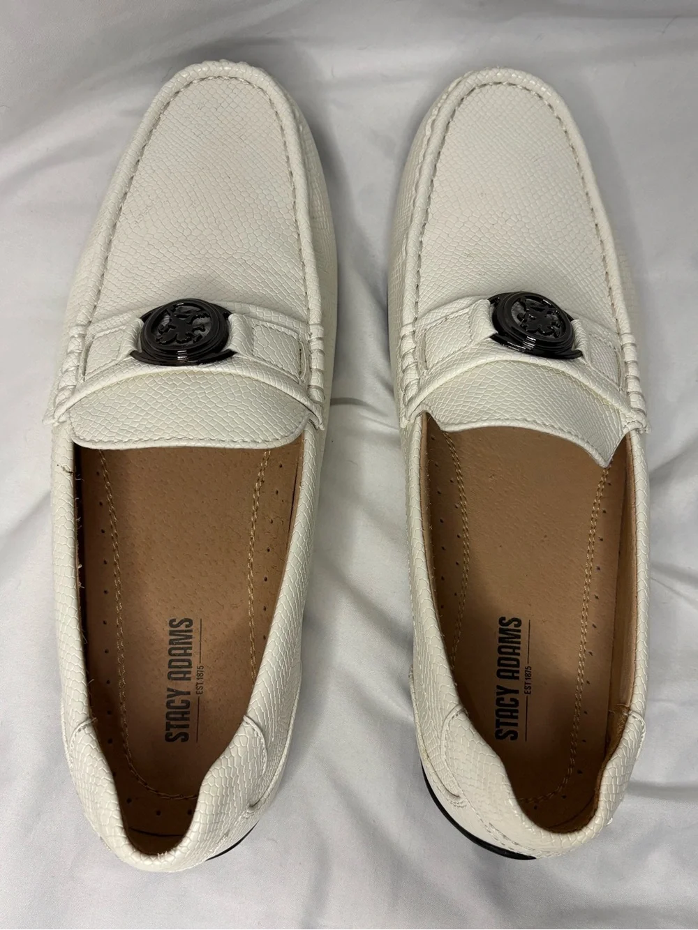 Stacy Adams White Leather Slip-On Penny Loafers with Silver Accent